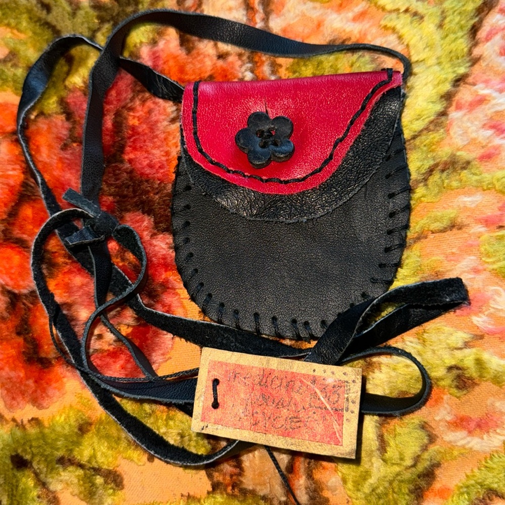 POUCH UPCYCLED BLACK RED WITH FLOWER ALL LEATHER NEVER USED